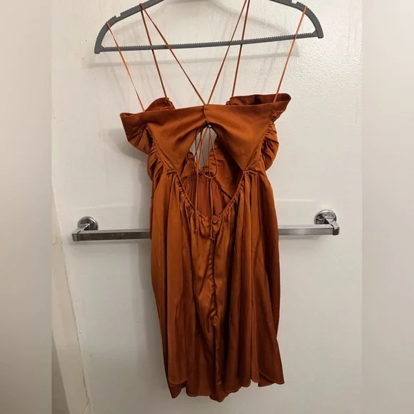 Rust Orange Satin Mini/Midi Dress with plunge neckline - Picture 2 of 3